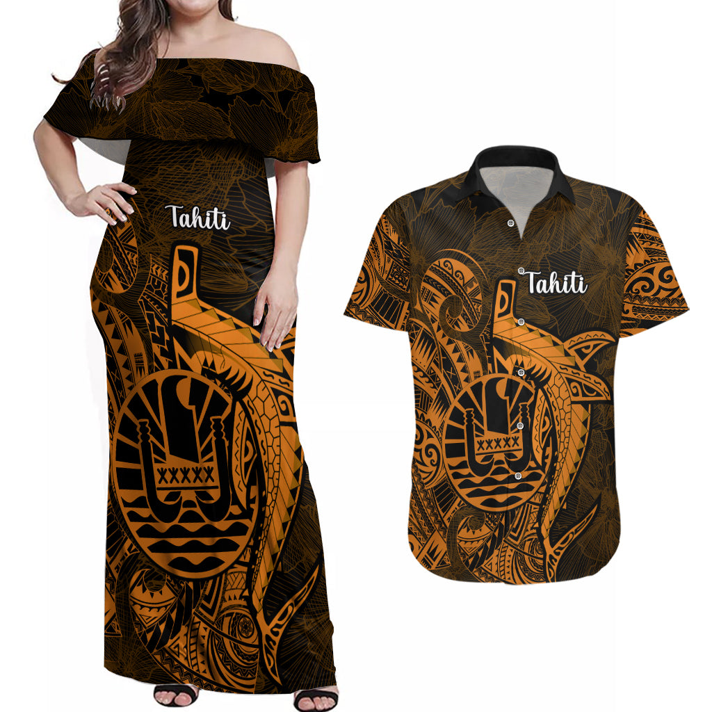 French Polynesia Tahiti Couples Matching Off Shoulder Maxi Dress and Hawaiian Shirt Polynesian Shark Tattoo With Hibiscus Red Version LT14 Gold - Polynesian Pride