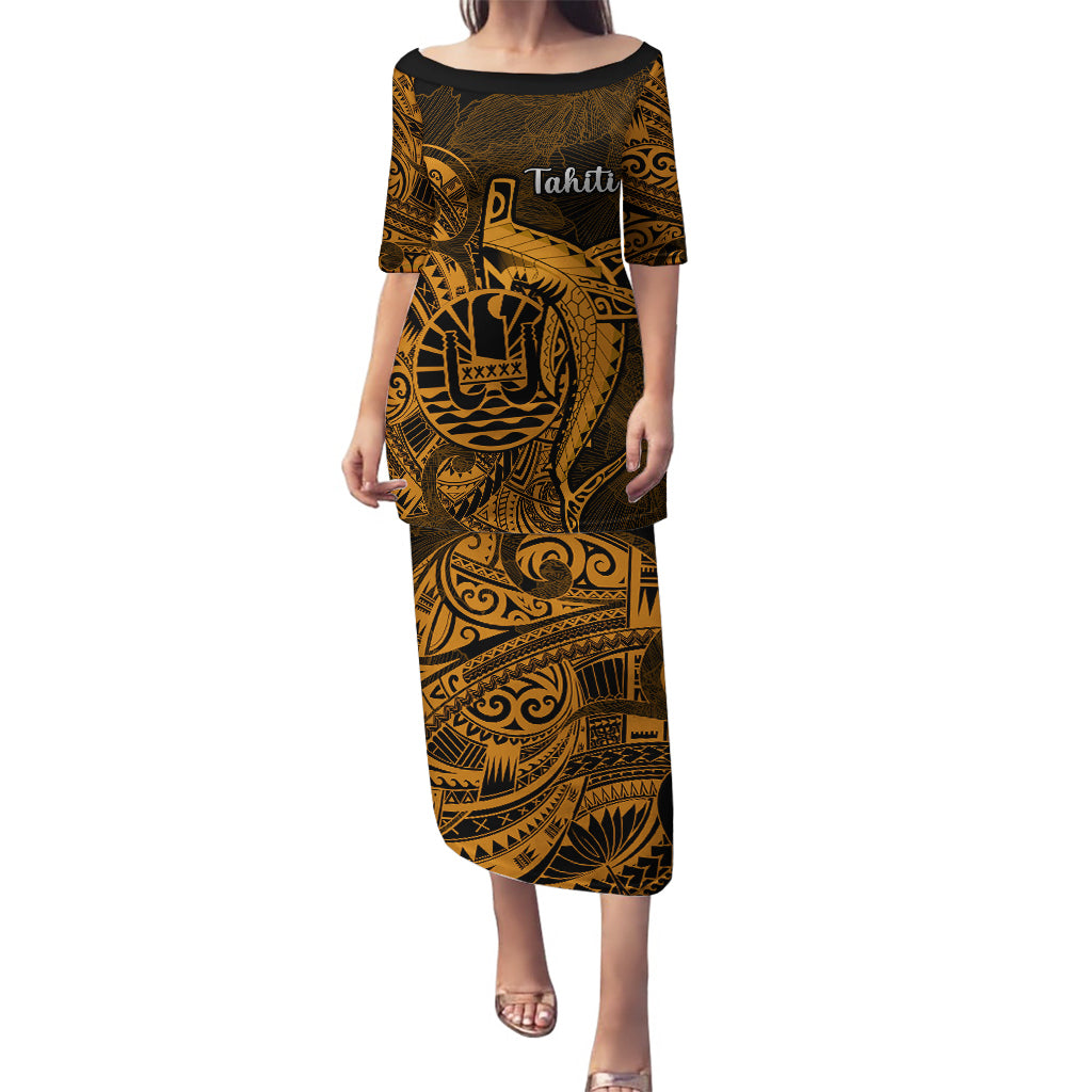 French Polynesia Tahiti Puletasi Polynesian Shark Tattoo With Hibiscus Red Version LT14 Long Dress Gold - Polynesian Pride