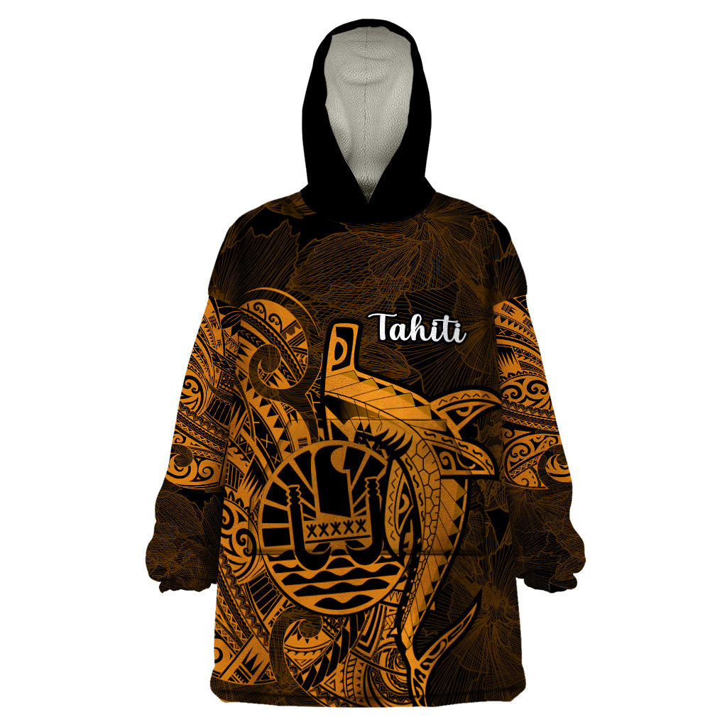 French Polynesia Tahiti Wearable Blanket Hoodie Polynesian Shark Tattoo With Hibiscus Red Version LT14 One Size Gold - Polynesian Pride