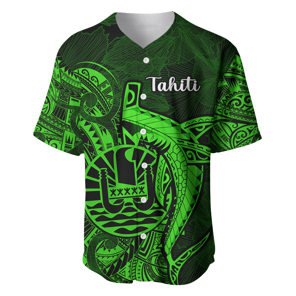 French Polynesia Tahiti Baseball Jersey Polynesian Shark Tattoo With Hibiscus Green Version LT14 Green - Polynesian Pride