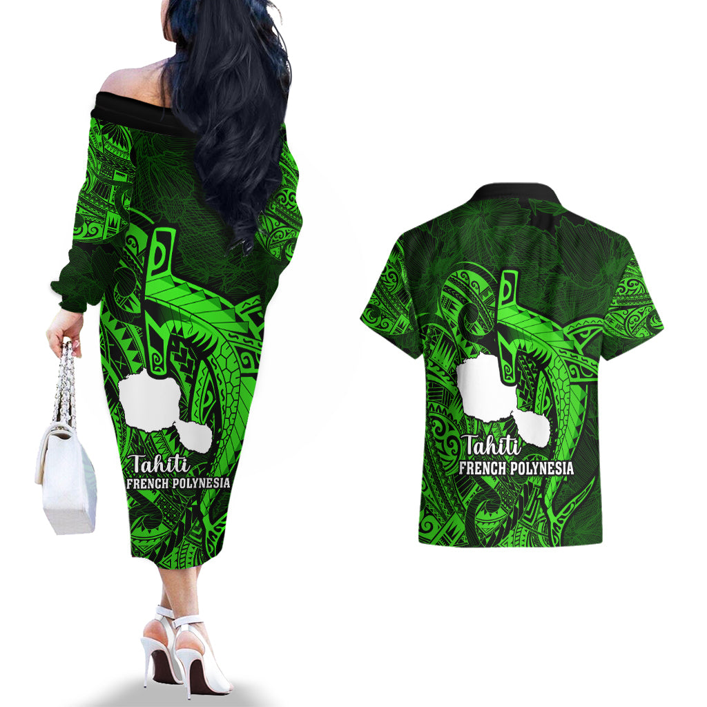French Polynesia Tahiti Couples Matching Off The Shoulder Long Sleeve Dress and Hawaiian Shirt Polynesian Shark Tattoo With Hibiscus Green Version LT14 - Polynesian Pride