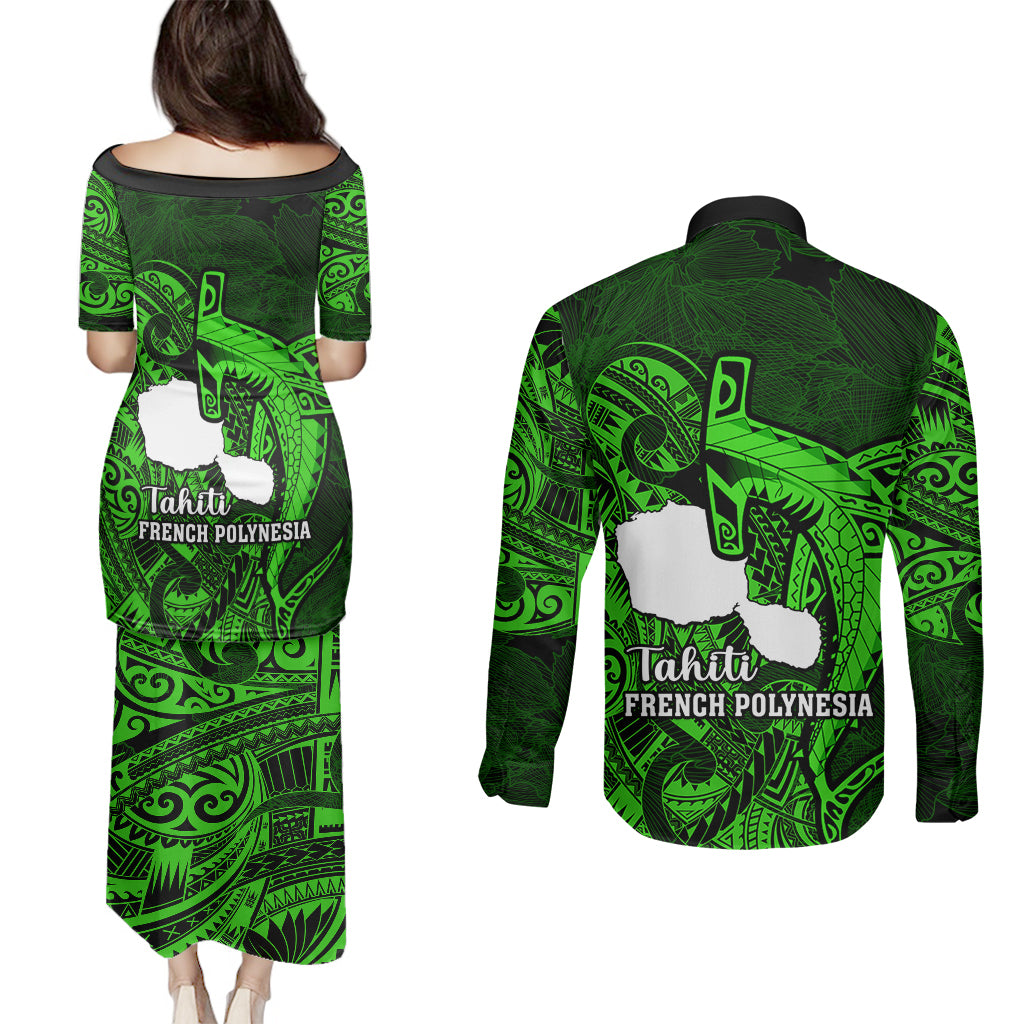 French Polynesia Tahiti Couples Matching Puletasi Dress and Long Sleeve Button Shirts Polynesian Shark Tattoo With Hibiscus Green Version LT14 - Polynesian Pride