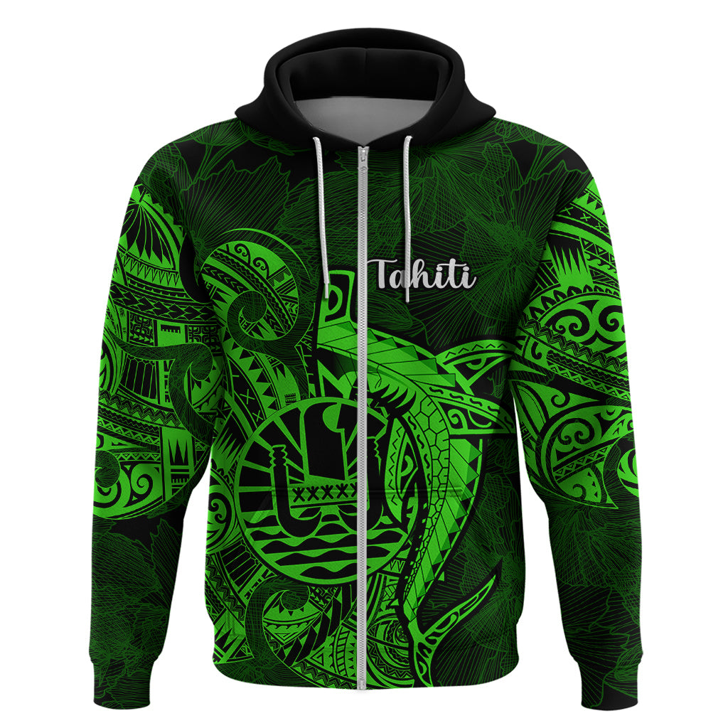 French Polynesia Tahiti Hoodie Polynesian Shark Tattoo With Hibiscus Green Version LT14 Zip Hoodie Green - Polynesian Pride