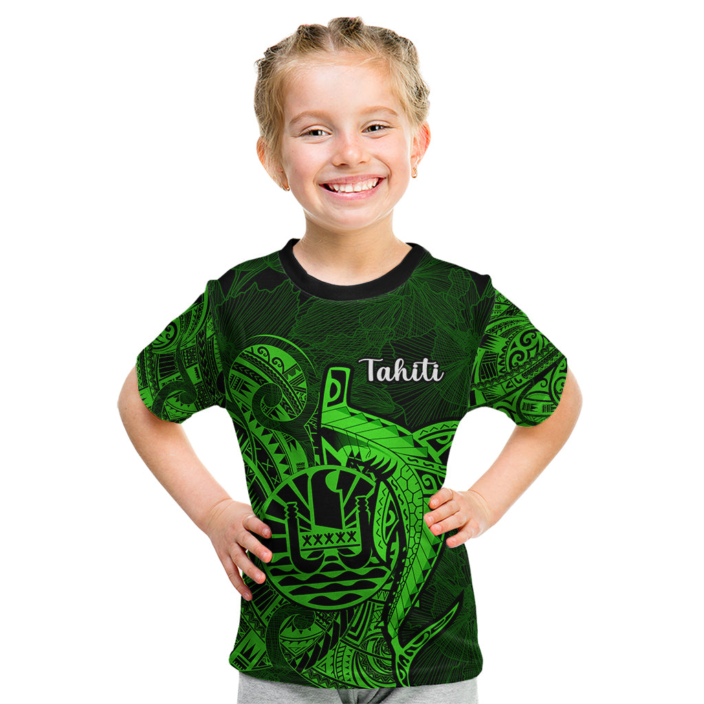 French Polynesia Tahiti Kid T Shirt Polynesian Shark Tattoo With Hibiscus Green Version LT14 Green - Polynesian Pride