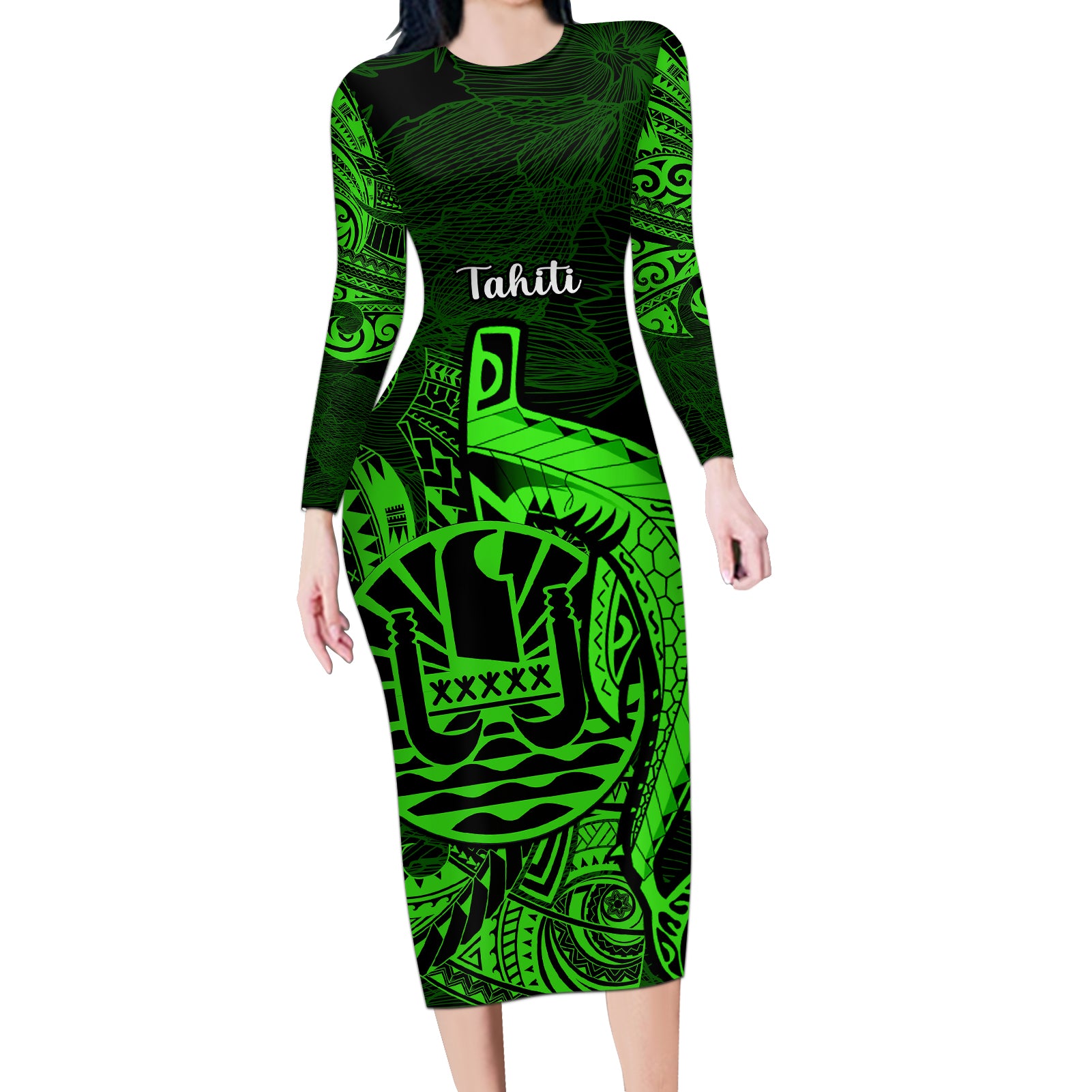 French Polynesia Tahiti Long Sleeve Bodycon Dress Polynesian Shark Tattoo With Hibiscus Green Version LT14 Long Dress Green - Polynesian Pride