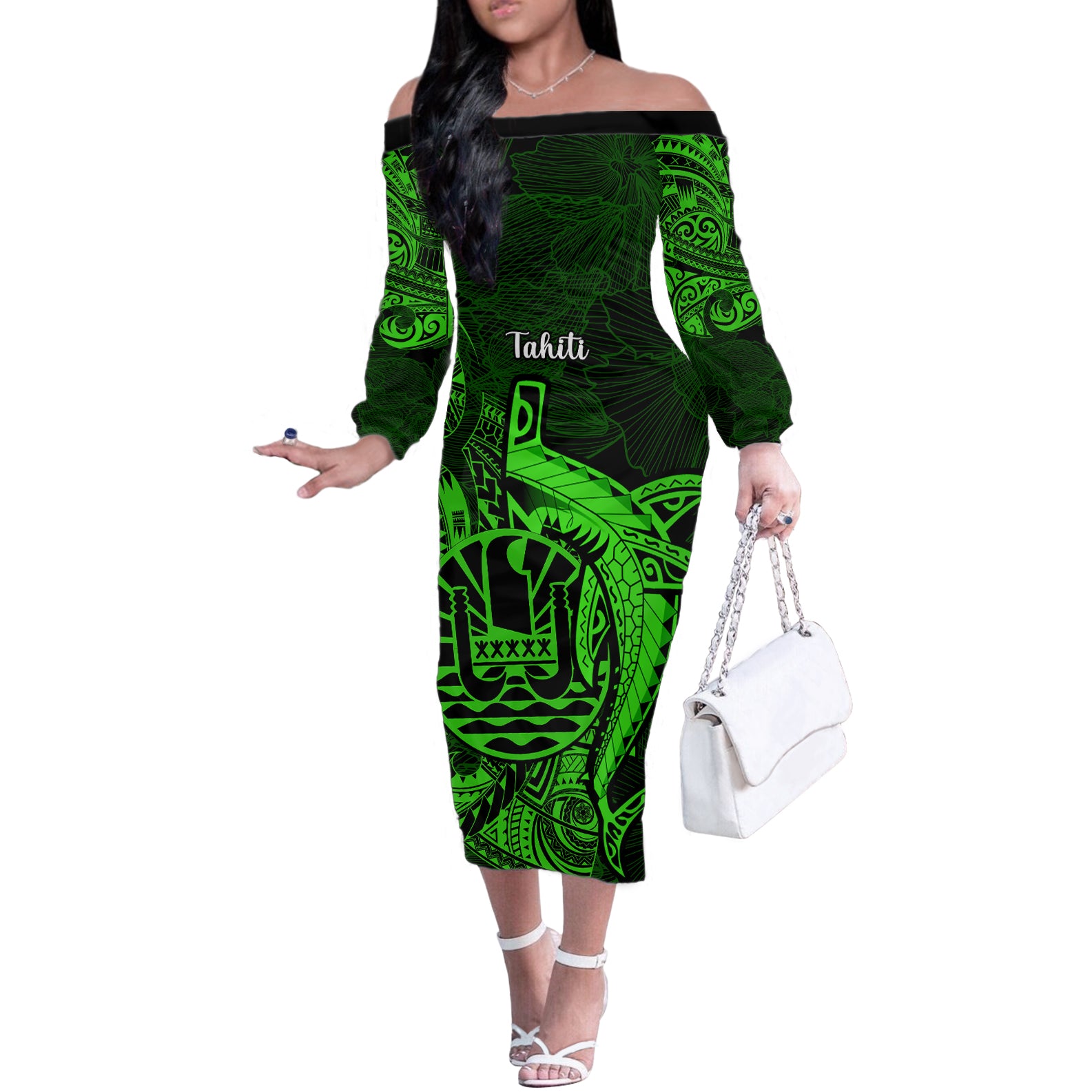 French Polynesia Tahiti Off The Shoulder Long Sleeve Dress Polynesian Shark Tattoo With Hibiscus Green Version LT14 Women Green - Polynesian Pride