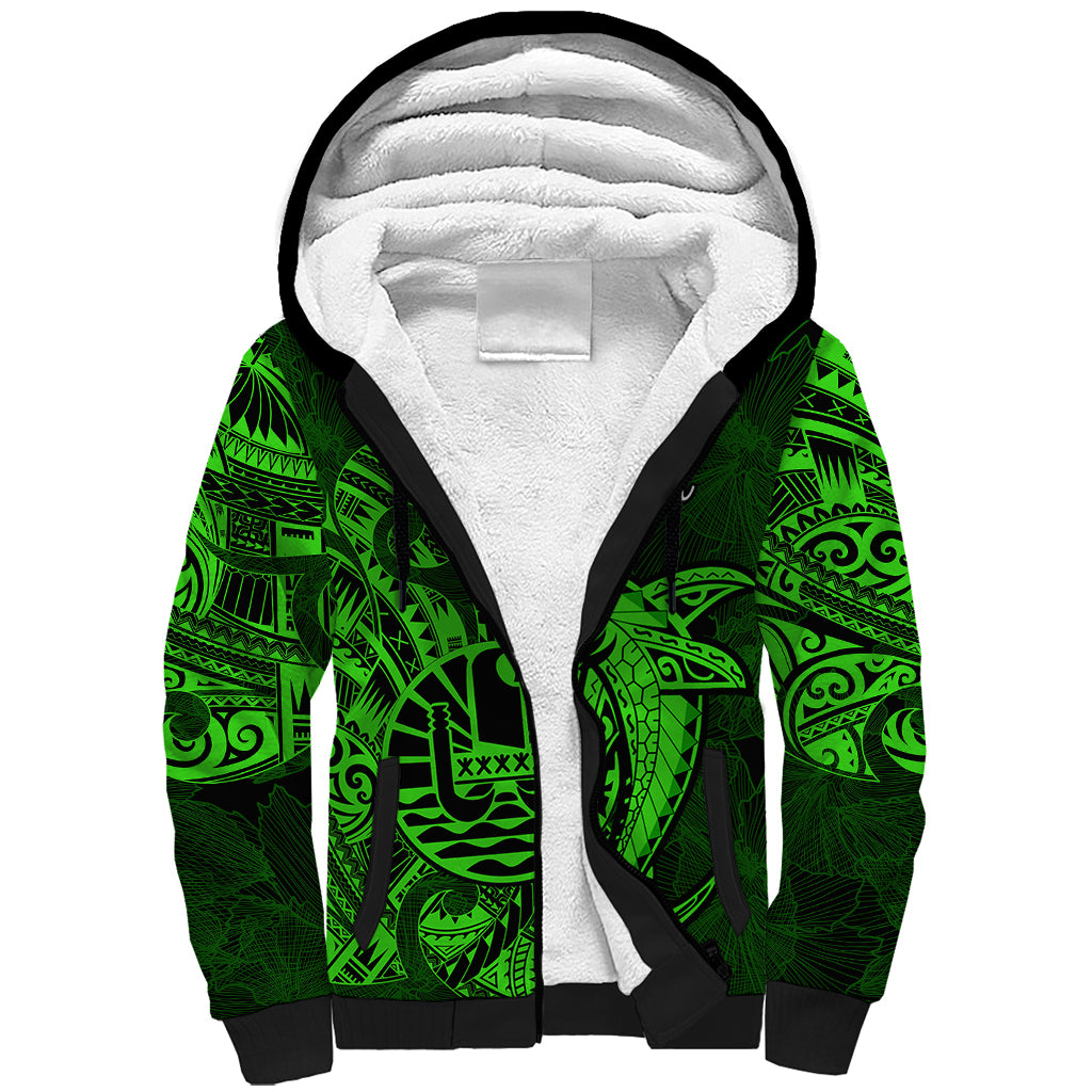 French Polynesia Tahiti Sherpa Hoodie Polynesian Shark Tattoo With Hibiscus Green Version LT14 Unisex Green - Polynesian Pride