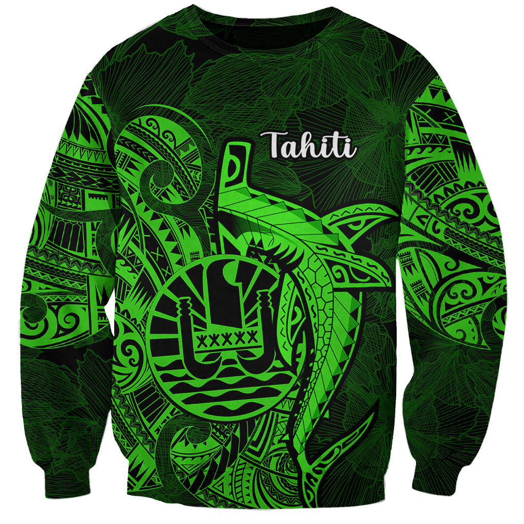 French Polynesia Tahiti Sweatshirt Polynesian Shark Tattoo With Hibiscus Green Version LT14 Unisex Green - Polynesian Pride