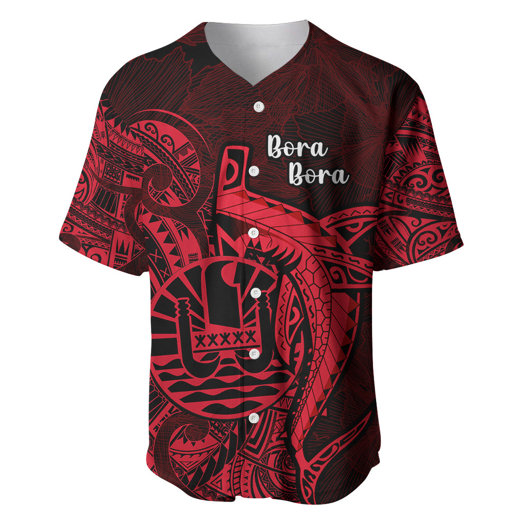 French Polynesia Bora Bora Baseball Jersey Polynesian Shark Tattoo With Hibiscus Red Version LT14 Red - Polynesian Pride