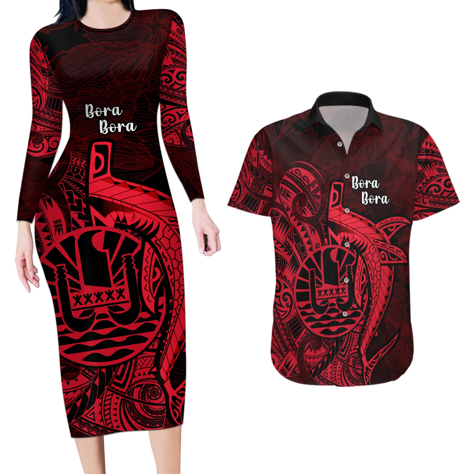 French Polynesia Bora Bora Couples Matching Long Sleeve Bodycon Dress and Hawaiian Shirt Polynesian Shark Tattoo With Hibiscus Red Version LT14 Red - Polynesian Pride