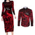 French Polynesia Bora Bora Couples Matching Long Sleeve Bodycon Dress and Long Sleeve Button Shirts Polynesian Shark Tattoo With Hibiscus Red Version LT14 Red - Polynesian Pride