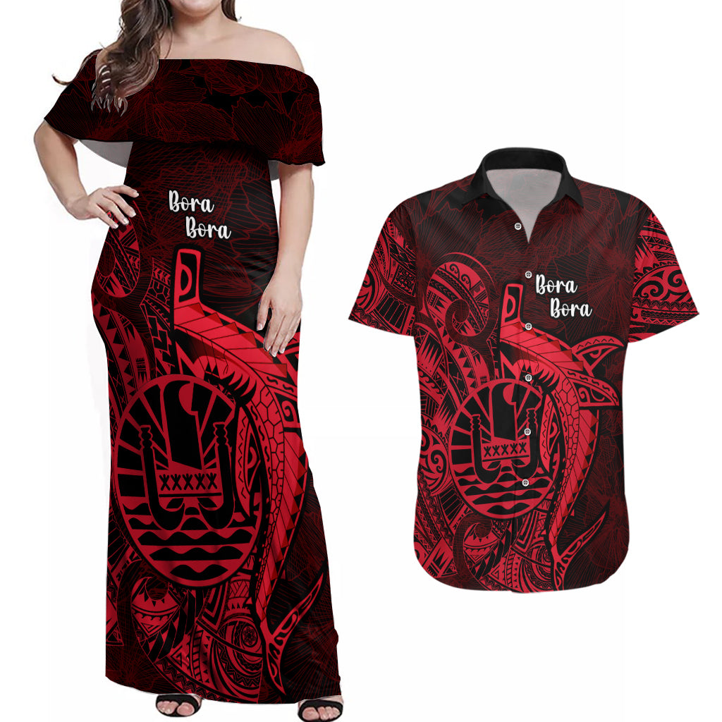 French Polynesia Bora Bora Couples Matching Off Shoulder Maxi Dress and Hawaiian Shirt Polynesian Shark Tattoo With Hibiscus Red Version LT14 Red - Polynesian Pride