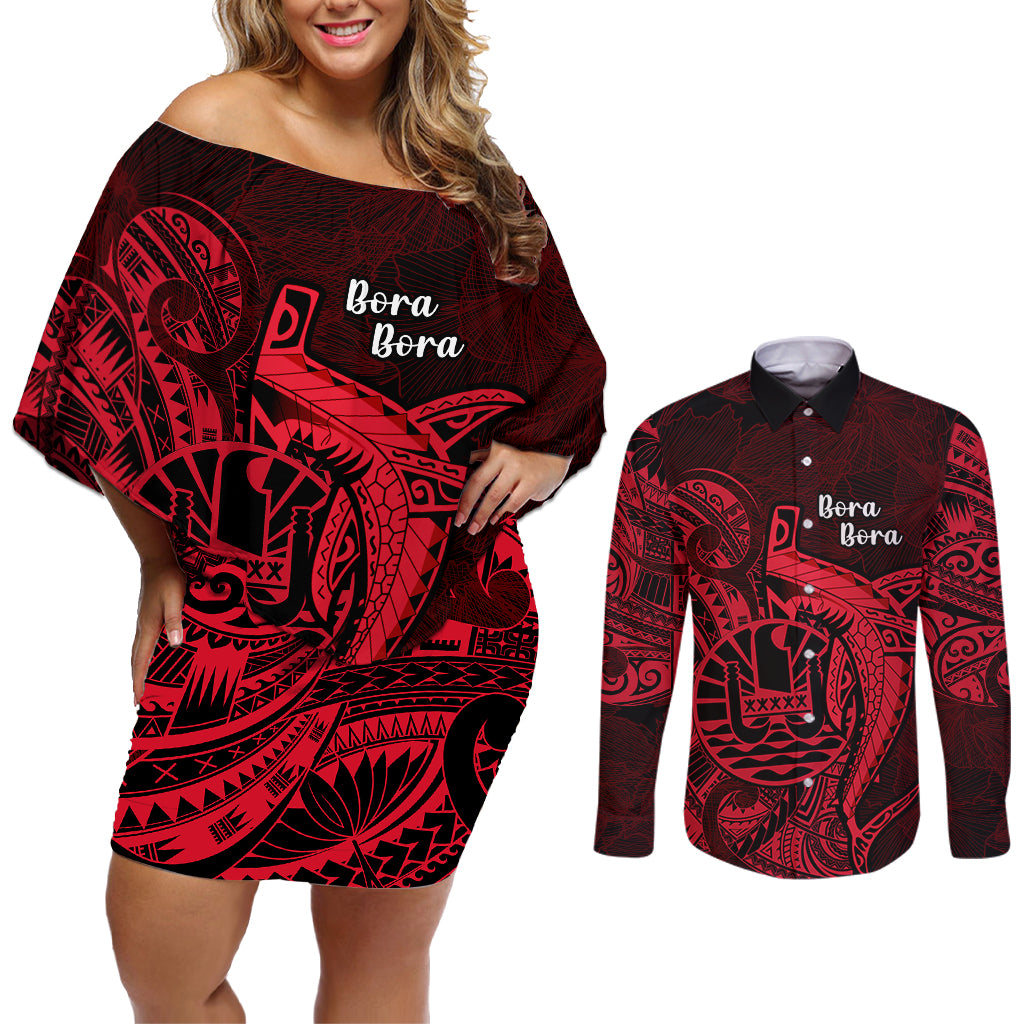 French Polynesia Bora Bora Couples Matching Off Shoulder Short Dress and Long Sleeve Button Shirts Polynesian Shark Tattoo With Hibiscus Red Version LT14 Red - Polynesian Pride