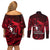 French Polynesia Bora Bora Couples Matching Off Shoulder Short Dress and Long Sleeve Button Shirts Polynesian Shark Tattoo With Hibiscus Red Version LT14 - Polynesian Pride