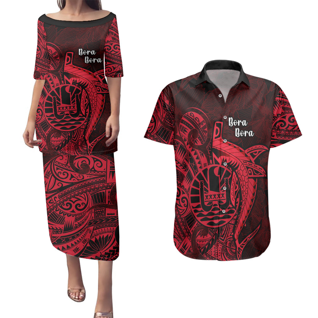 French Polynesia Bora Bora Couples Matching Puletasi Dress and Hawaiian Shirt Polynesian Shark Tattoo With Hibiscus Red Version LT14 Red - Polynesian Pride