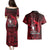 French Polynesia Bora Bora Couples Matching Puletasi Dress and Hawaiian Shirt Polynesian Shark Tattoo With Hibiscus Red Version LT14 - Polynesian Pride