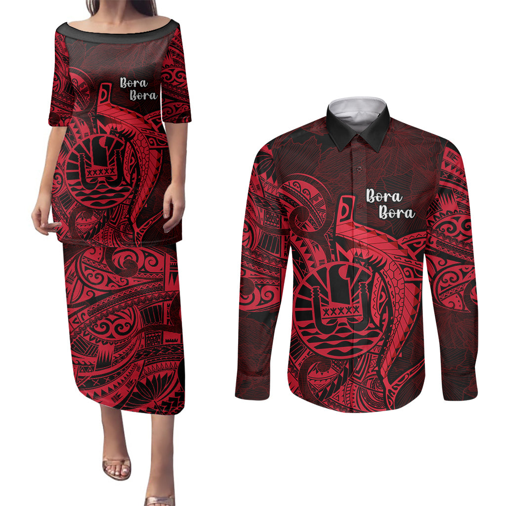 French Polynesia Bora Bora Couples Matching Puletasi Dress and Long Sleeve Button Shirts Polynesian Shark Tattoo With Hibiscus Red Version LT14 Red - Polynesian Pride