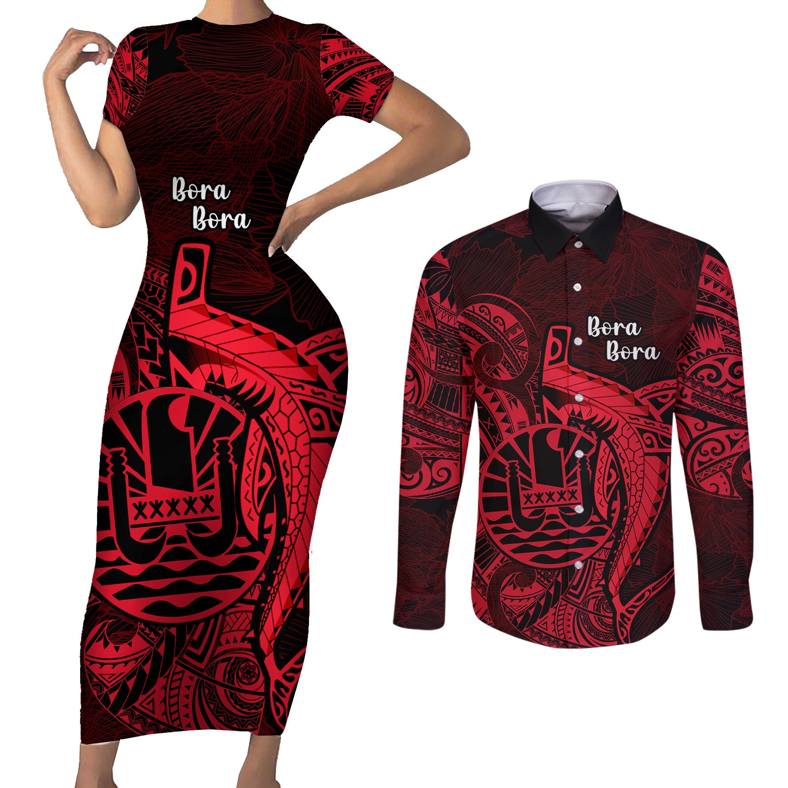 French Polynesia Bora Bora Couples Matching Short Sleeve Bodycon Dress and Long Sleeve Button Shirts Polynesian Shark Tattoo With Hibiscus Red Version LT14 Red - Polynesian Pride