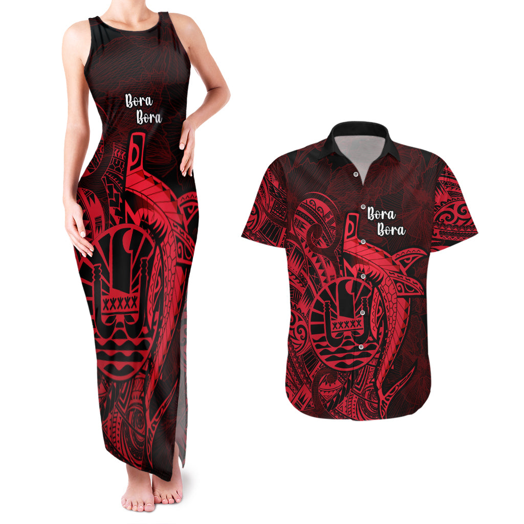 French Polynesia Bora Bora Couples Matching Tank Maxi Dress and Hawaiian Shirt Polynesian Shark Tattoo With Hibiscus Red Version LT14 Red - Polynesian Pride