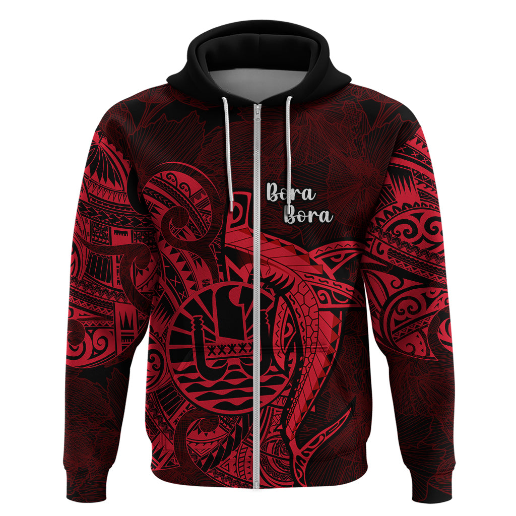 French Polynesia Bora Bora Hoodie Polynesian Shark Tattoo With Hibiscus Red Version LT14 Zip Hoodie Red - Polynesian Pride