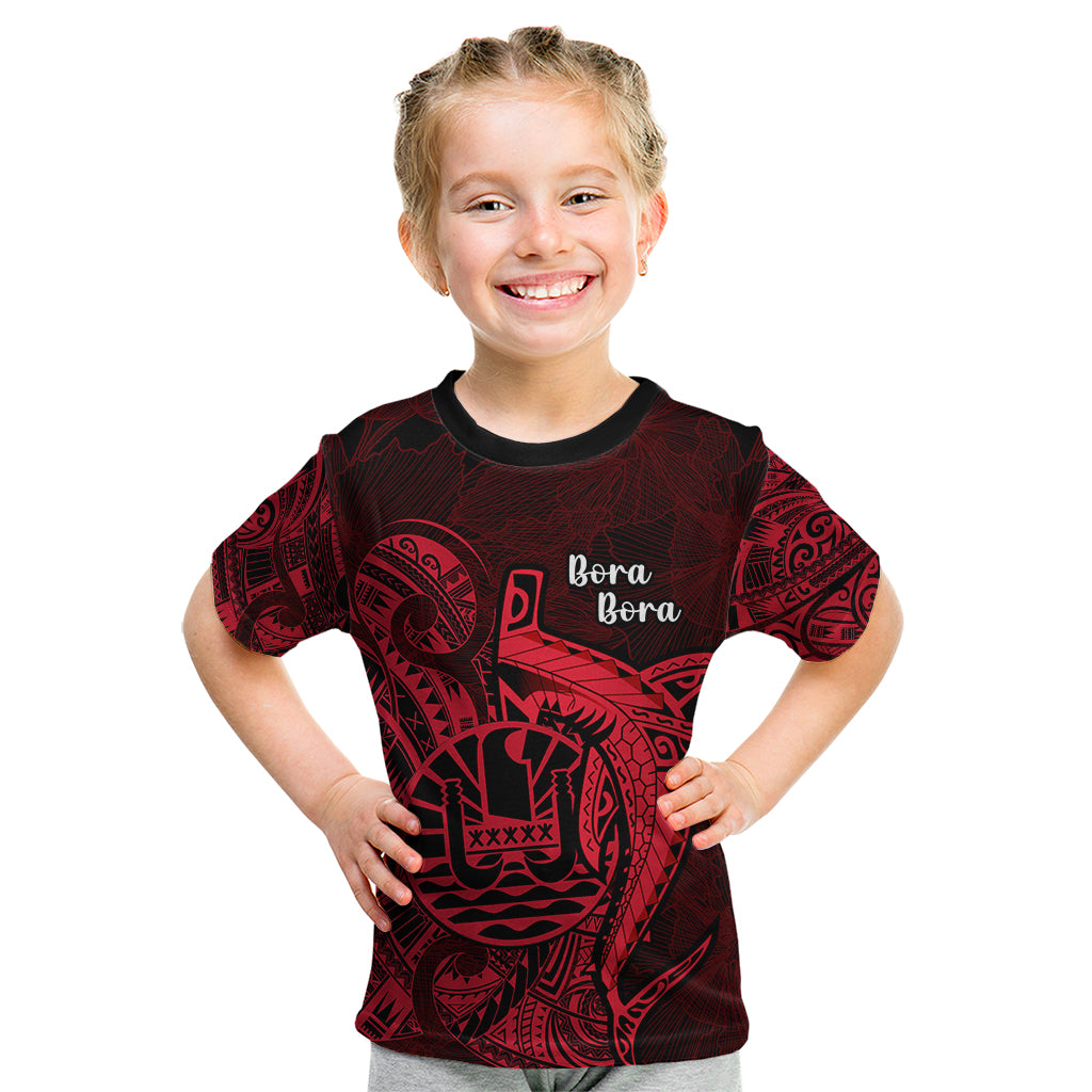 French Polynesia Bora Bora Kid T Shirt Polynesian Shark Tattoo With Hibiscus Red Version LT14 Red - Polynesian Pride