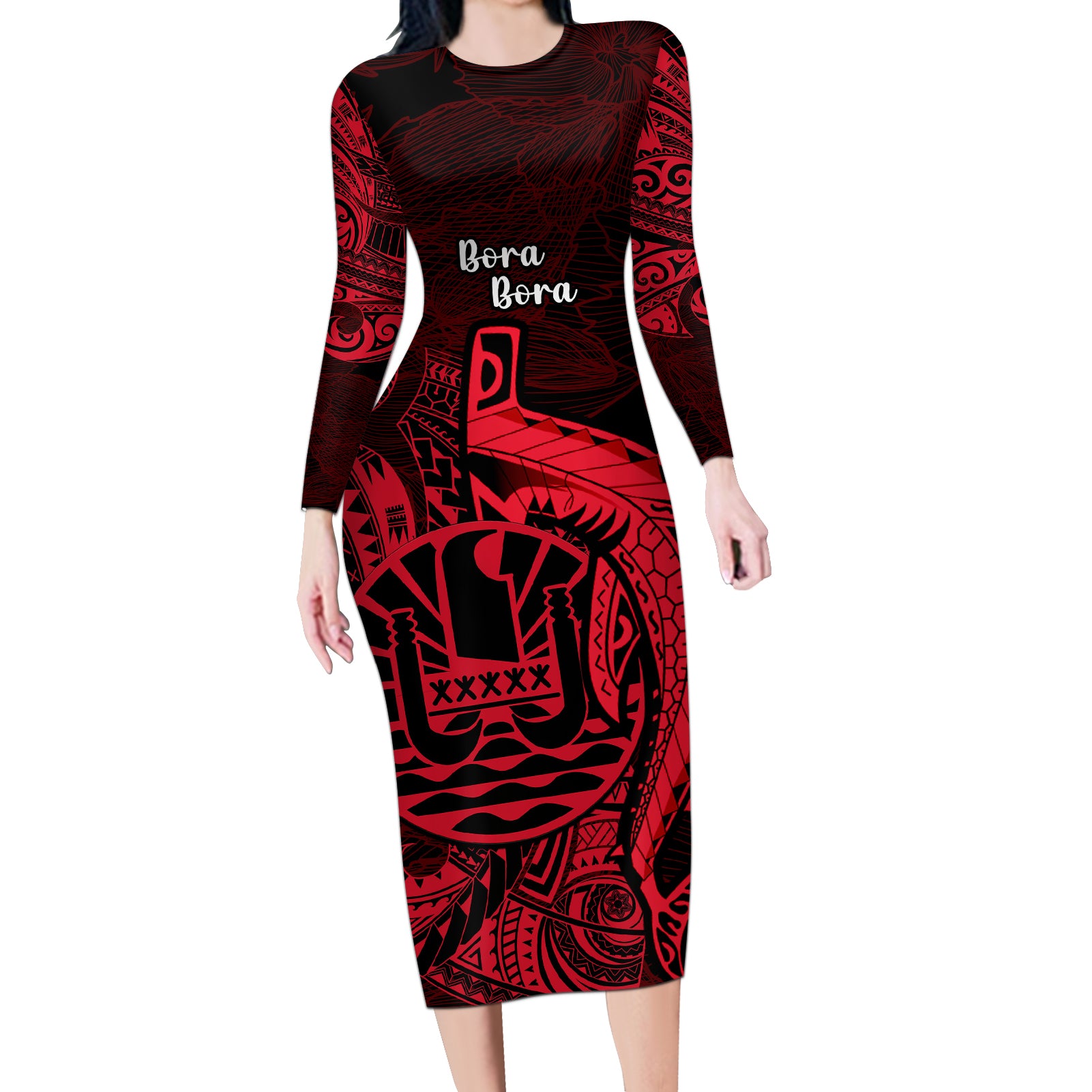 French Polynesia Bora Bora Long Sleeve Bodycon Dress Polynesian Shark Tattoo With Hibiscus Red Version LT14 Long Dress Red - Polynesian Pride