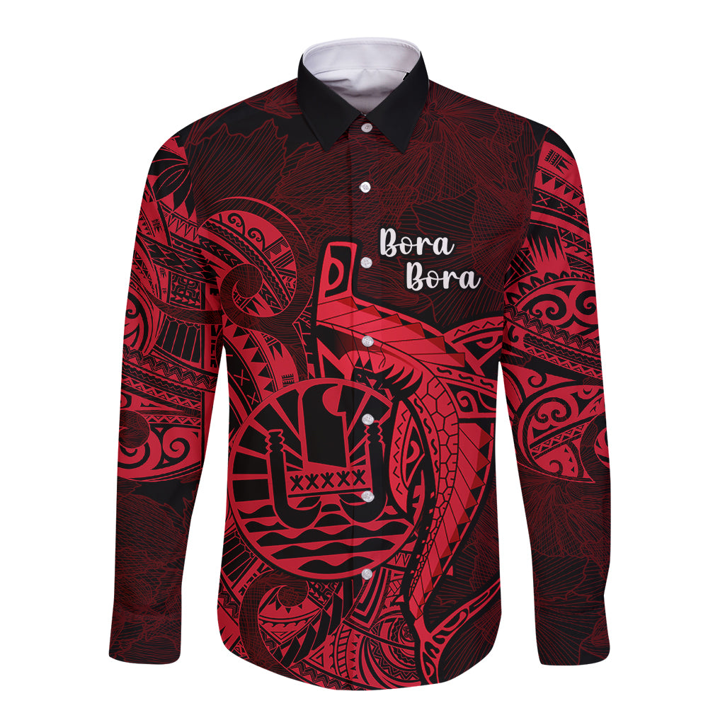 French Polynesia Bora Bora Long Sleeve Button Shirt Polynesian Shark Tattoo With Hibiscus Red Version LT14 Unisex Red - Polynesian Pride