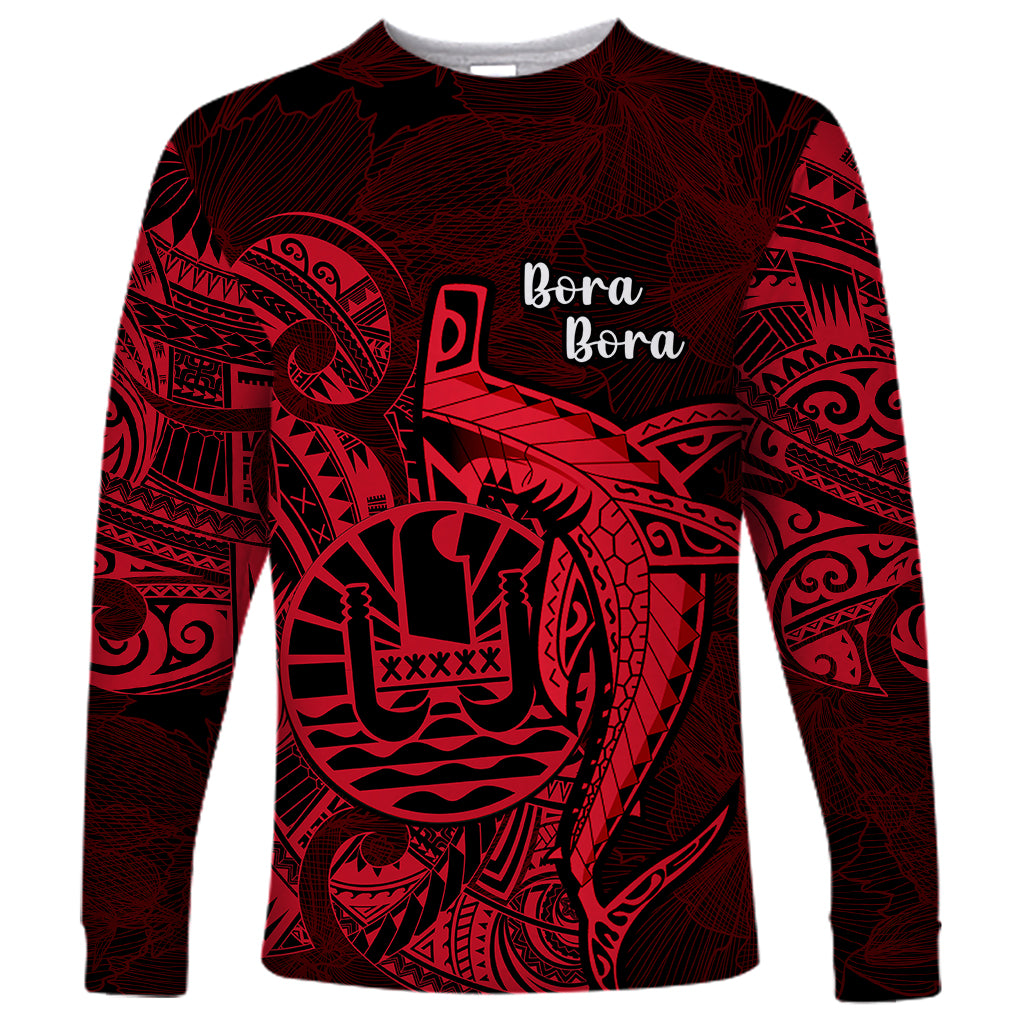 French Polynesia Bora Bora Long Sleeve Shirt Polynesian Shark Tattoo With Hibiscus Red Version LT14 Unisex Red - Polynesian Pride