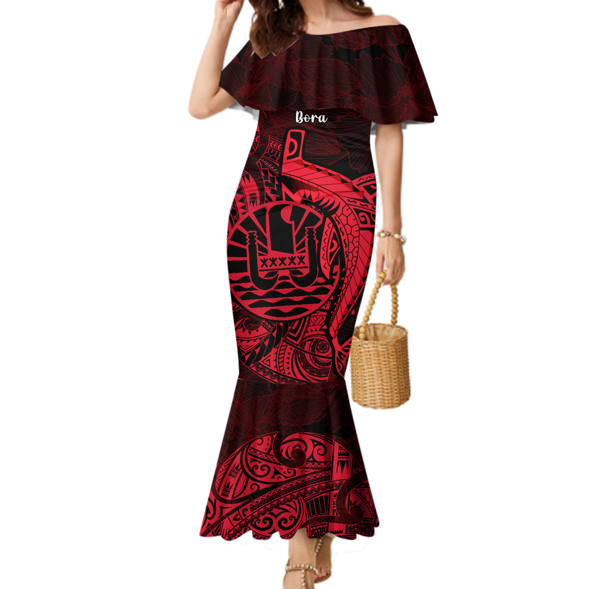 French Polynesia Bora Bora Mermaid Dress Polynesian Shark Tattoo With Hibiscus Red Version LT14 Women Red - Polynesian Pride