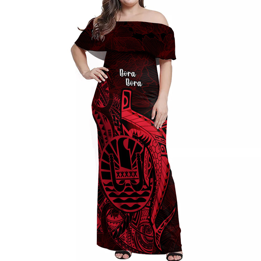 French Polynesia Bora Bora Off Shoulder Maxi Dress Polynesian Shark Tattoo With Hibiscus Red Version LT14 Women Red - Polynesian Pride