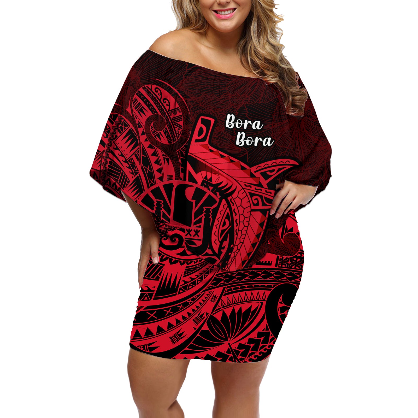 French Polynesia Bora Bora Off Shoulder Short Dress Polynesian Shark Tattoo With Hibiscus Red Version LT14 Women Red - Polynesian Pride