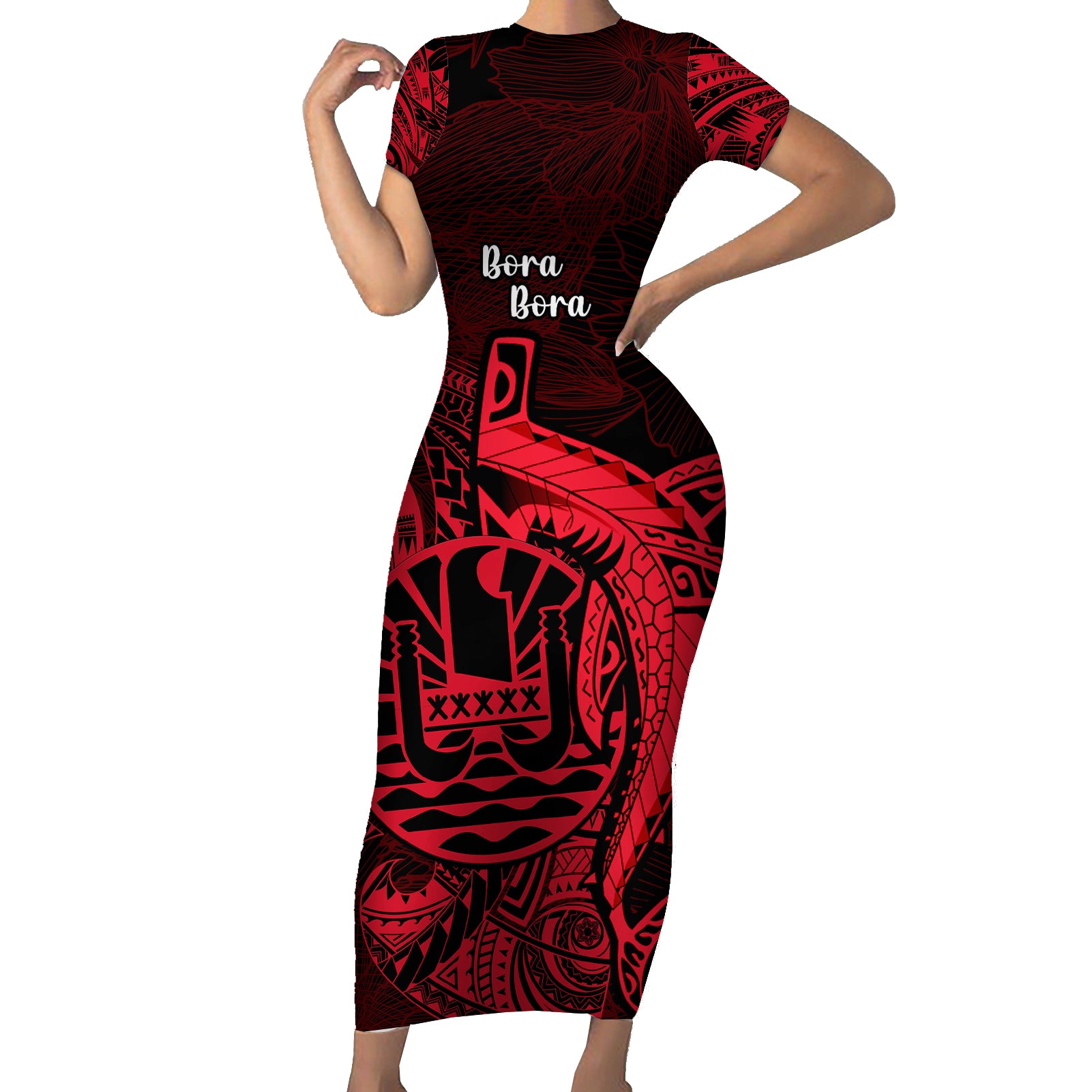 French Polynesia Bora Bora Short Sleeve Bodycon Dress Polynesian Shark Tattoo With Hibiscus Red Version LT14 Long Dress Red - Polynesian Pride