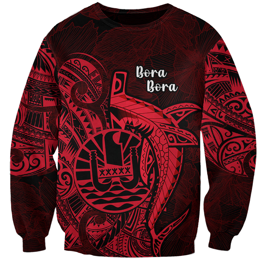 French Polynesia Bora Bora Sweatshirt Polynesian Shark Tattoo With Hibiscus Red Version LT14 Unisex Red - Polynesian Pride