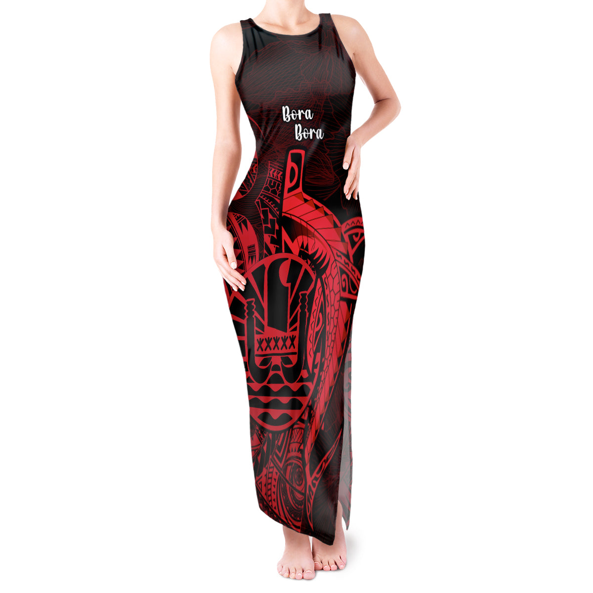 French Polynesia Bora Bora Tank Maxi Dress Polynesian Shark Tattoo With Hibiscus Red Version LT14 Women Red - Polynesian Pride