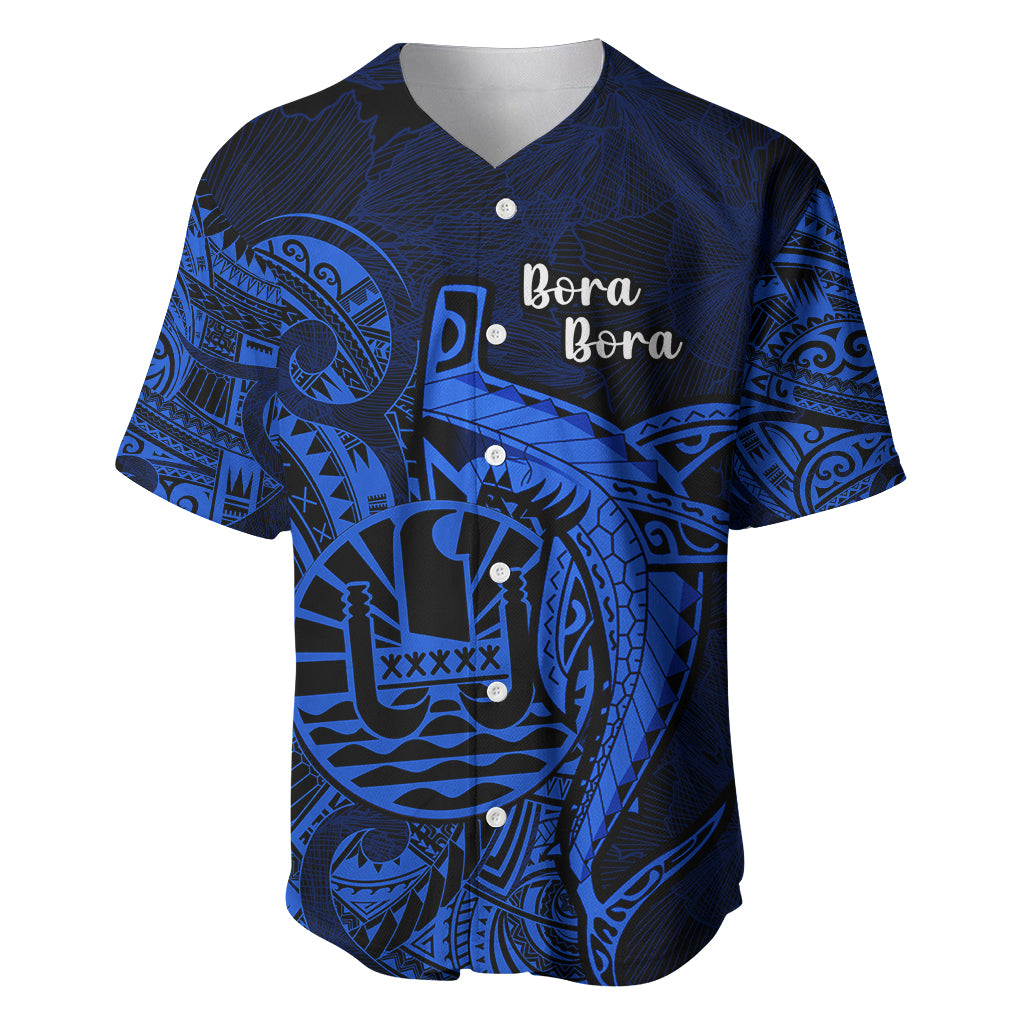 French Polynesia Bora Bora Baseball Jersey Polynesian Shark Tattoo With Hibiscus Blue Version LT14 Blue - Polynesian Pride