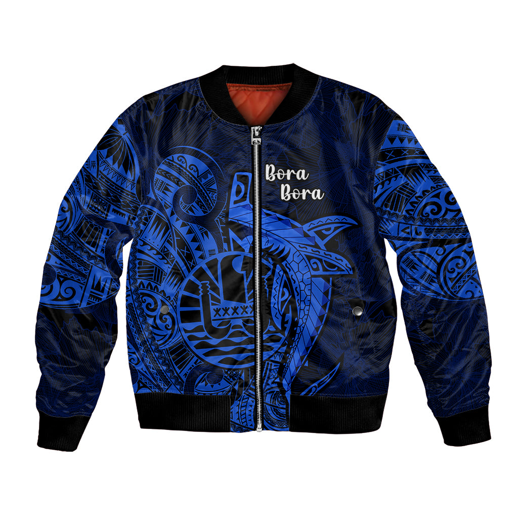 French Polynesia Bora Bora Bomber Jacket Polynesian Shark Tattoo With Hibiscus Blue Version LT14 Unisex Blue - Polynesian Pride