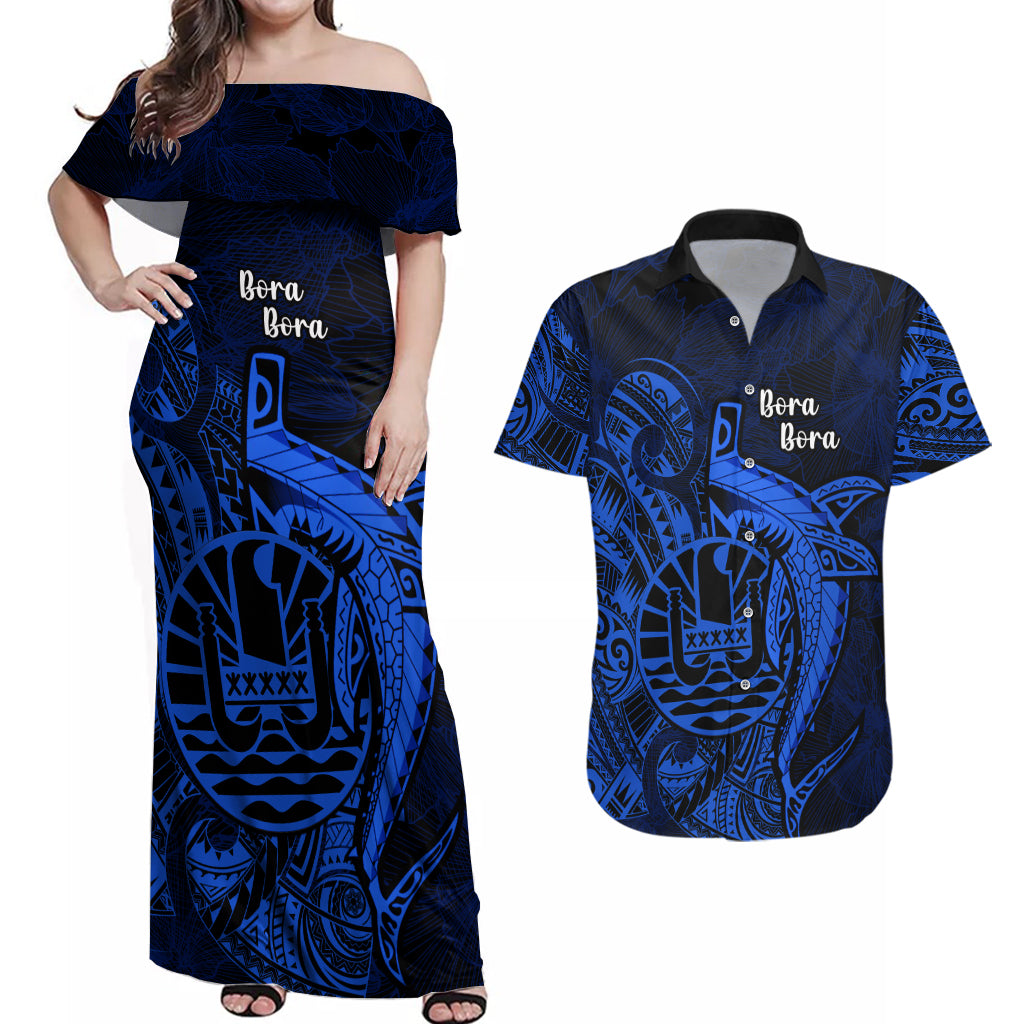 French Polynesia Bora Bora Couples Matching Off Shoulder Maxi Dress and Hawaiian Shirt Polynesian Shark Tattoo With Hibiscus Blue Version LT14 Blue - Polynesian Pride