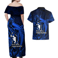 French Polynesia Bora Bora Couples Matching Off Shoulder Maxi Dress and Hawaiian Shirt Polynesian Shark Tattoo With Hibiscus Blue Version LT14 - Polynesian Pride