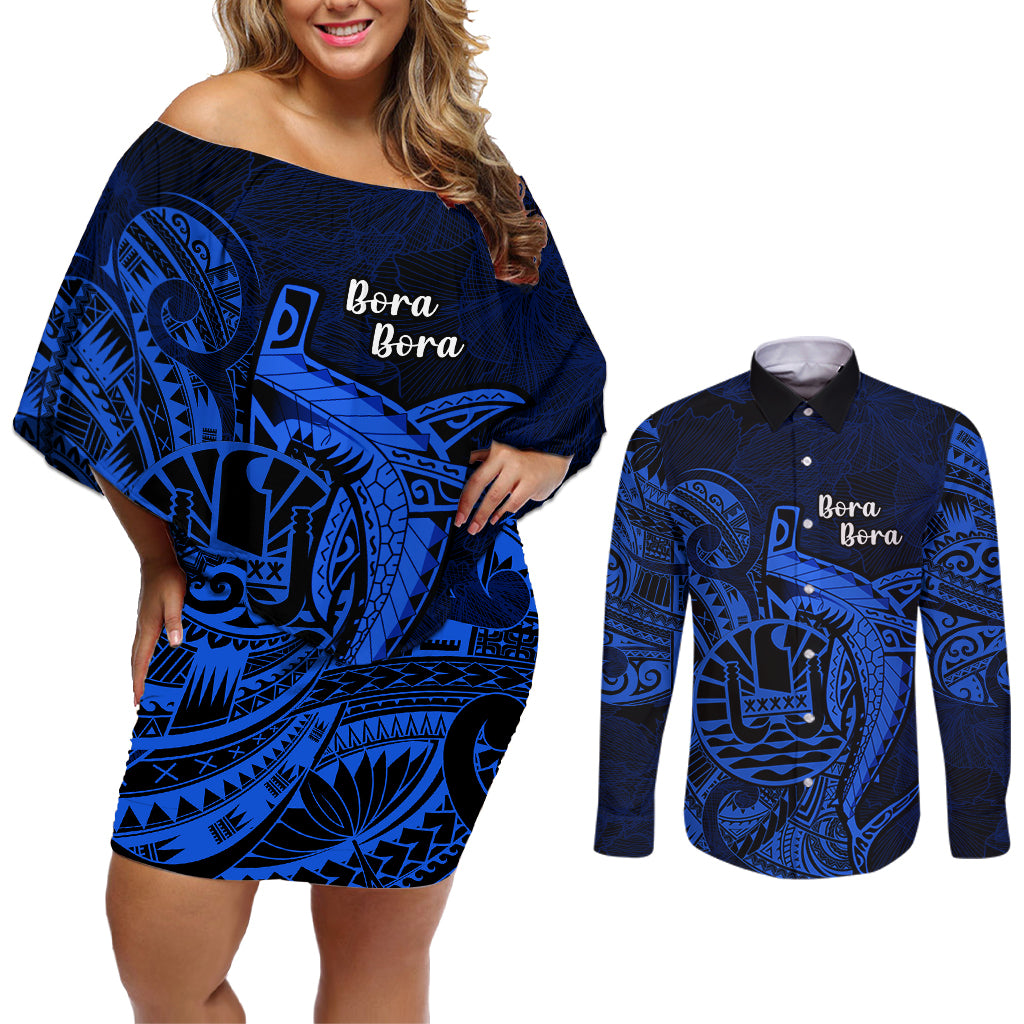 French Polynesia Bora Bora Couples Matching Off Shoulder Short Dress and Long Sleeve Button Shirts Polynesian Shark Tattoo With Hibiscus Blue Version LT14 Blue - Polynesian Pride