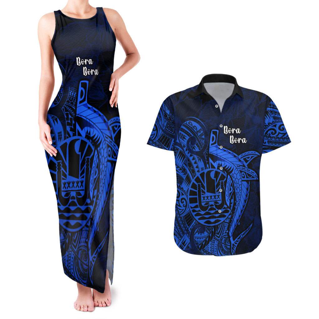 French Polynesia Bora Bora Couples Matching Tank Maxi Dress and Hawaiian Shirt Polynesian Shark Tattoo With Hibiscus Blue Version LT14 Blue - Polynesian Pride