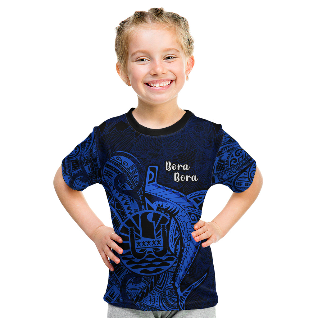 French Polynesia Bora Bora Kid T Shirt Polynesian Shark Tattoo With Hibiscus Blue Version LT14 Blue - Polynesian Pride