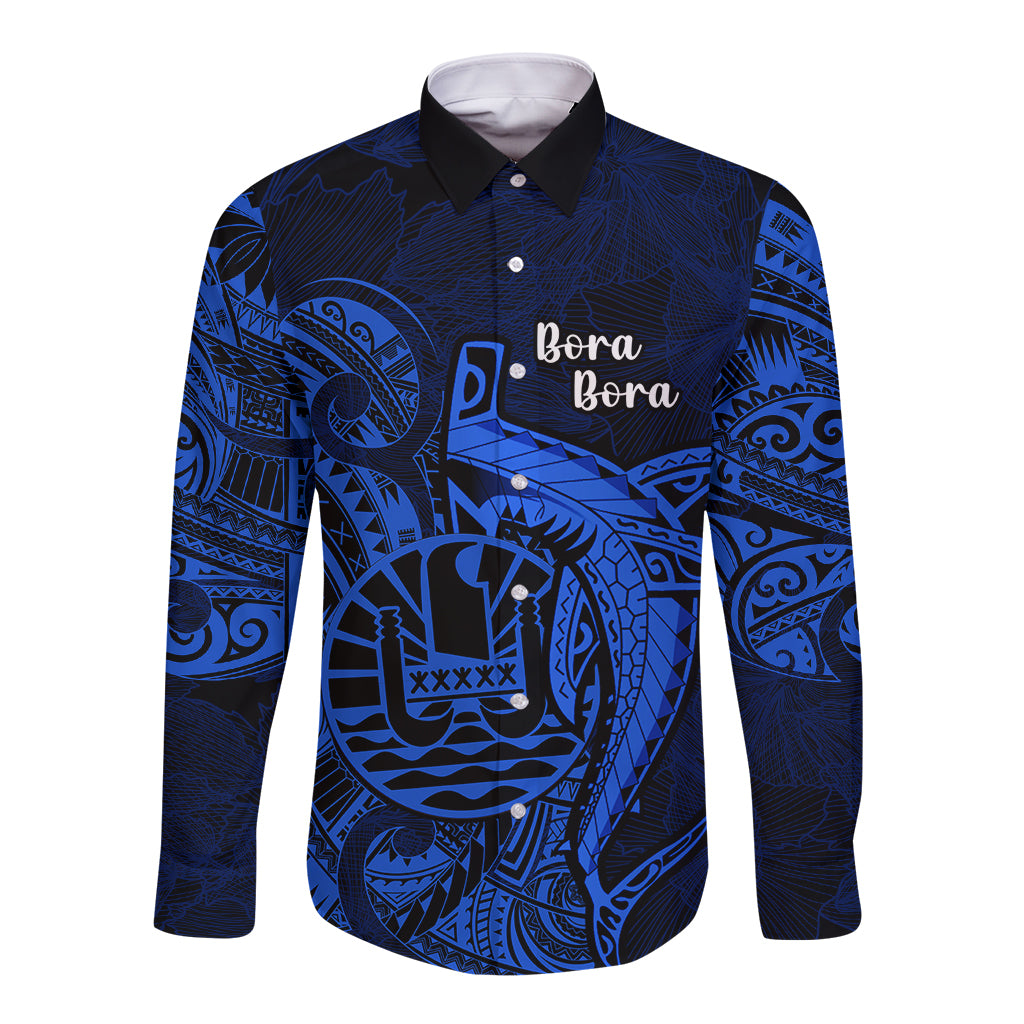 French Polynesia Bora Bora Long Sleeve Button Shirt Polynesian Shark Tattoo With Hibiscus Blue Version LT14 Unisex Blue - Polynesian Pride