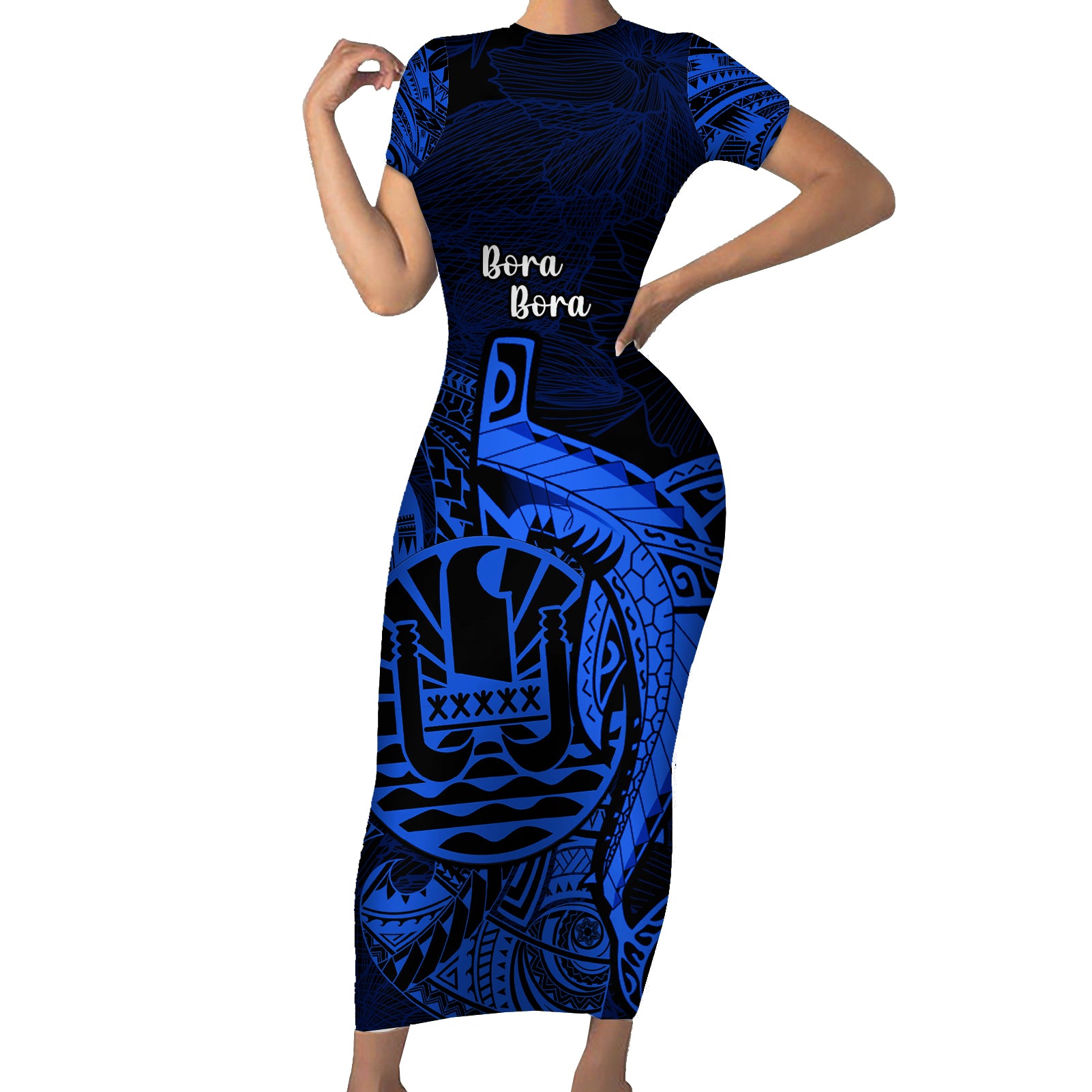 French Polynesia Bora Bora Short Sleeve Bodycon Dress Polynesian Shark Tattoo With Hibiscus Blue Version LT14 Long Dress Blue - Polynesian Pride