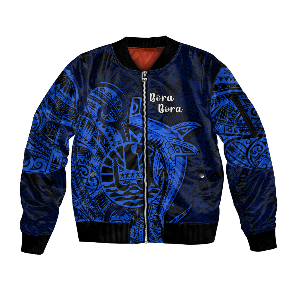 French Polynesia Bora Bora Sleeve Zip Bomber Jacket Polynesian Shark Tattoo With Hibiscus Blue Version LT14 Unisex Blue - Polynesian Pride