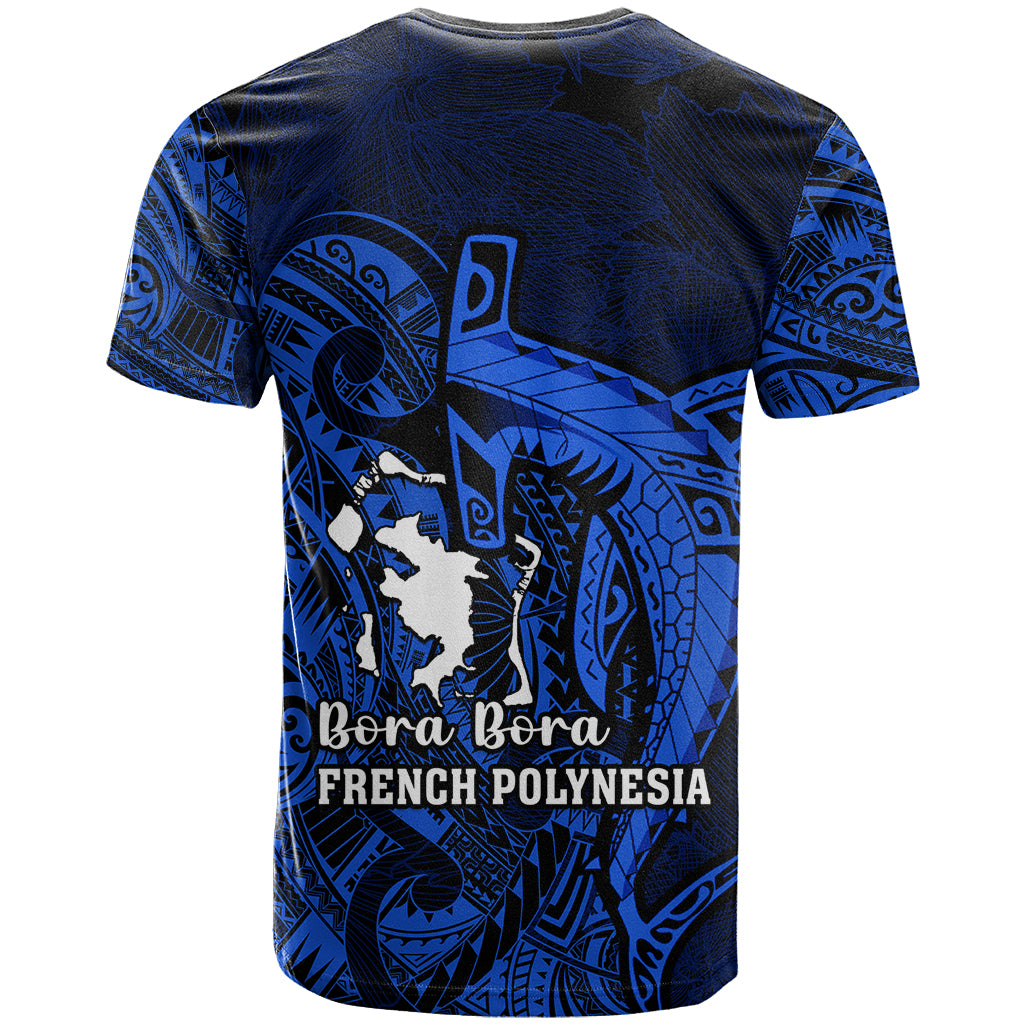 French Polynesia Bora Bora T Shirt Polynesian Shark Tattoo With Hibiscus Blue Version LT14 - Polynesian Pride