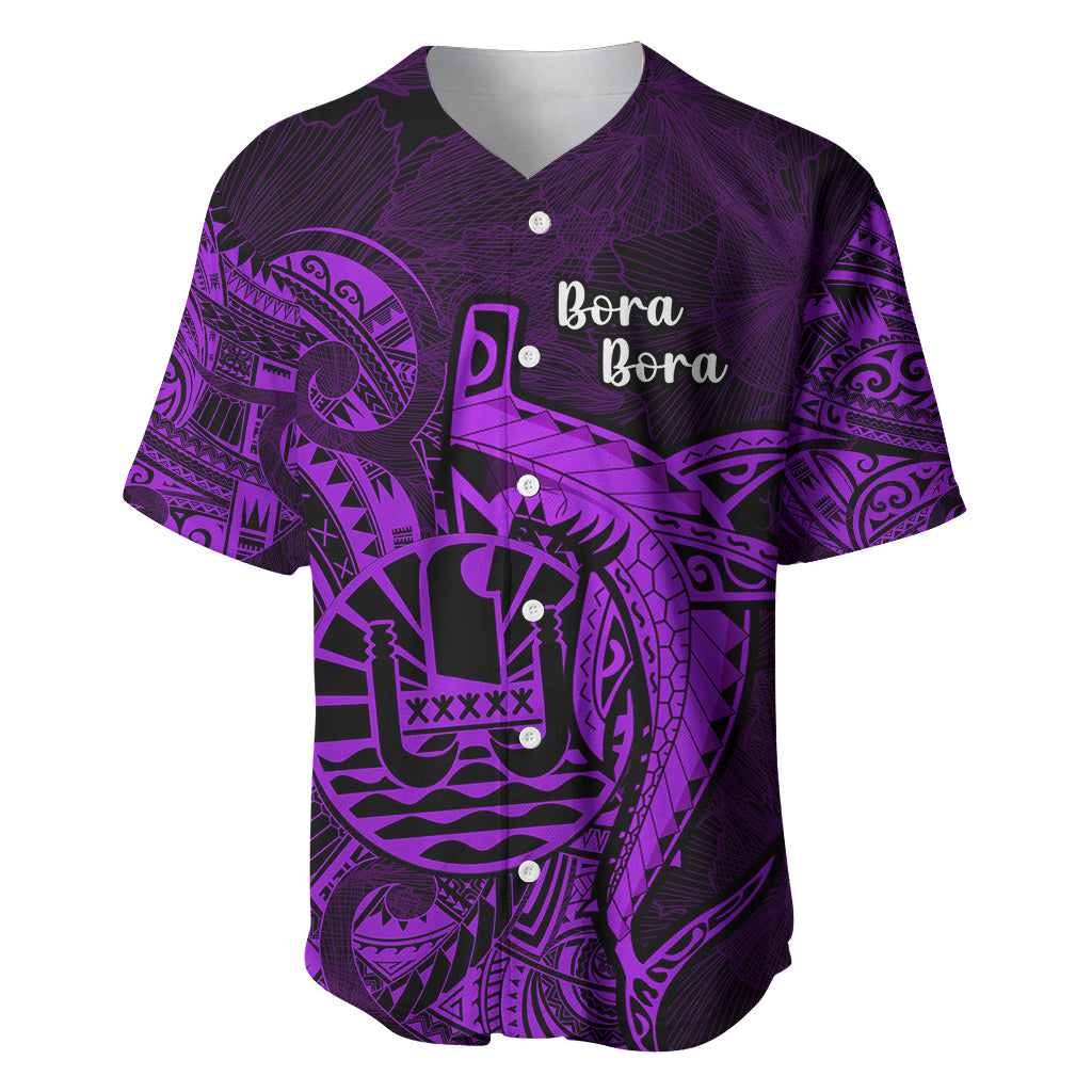 French Polynesia Bora Bora Baseball Jersey Polynesian Shark Tattoo With Hibiscus Purple Version LT14 Purple - Polynesian Pride