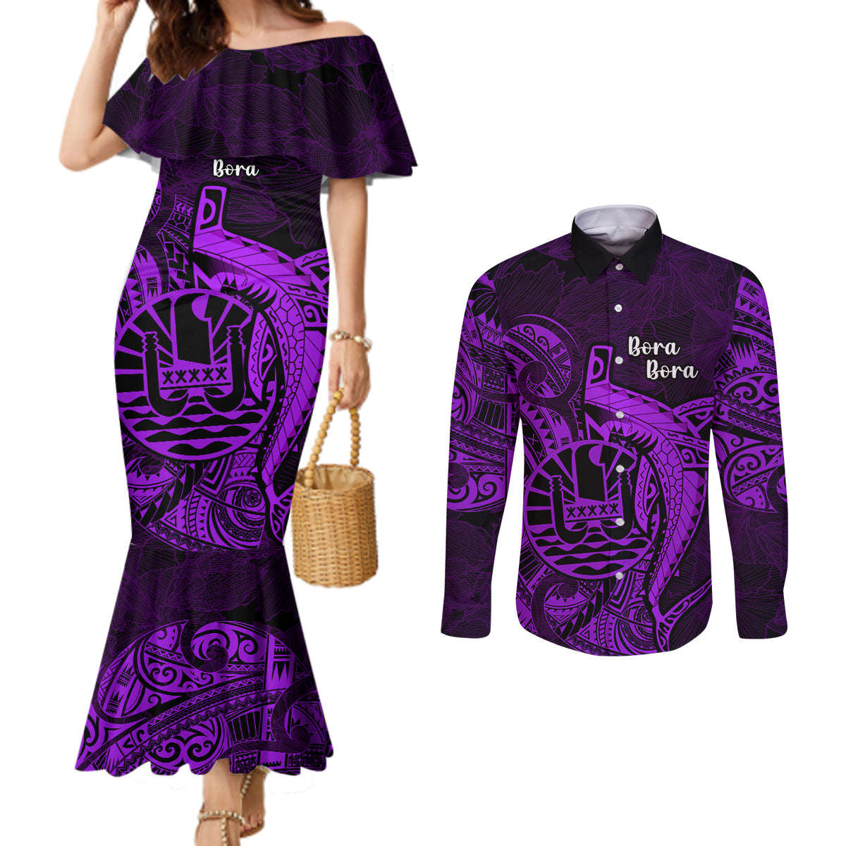 French Polynesia Bora Bora Couples Matching Mermaid Dress and Long Sleeve Button Shirts Polynesian Shark Tattoo With Hibiscus Purple Version LT14 Purple - Polynesian Pride