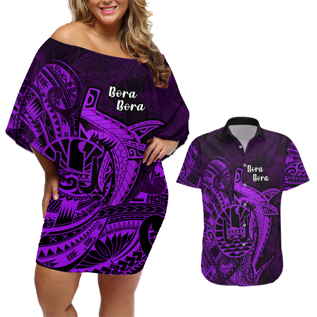 French Polynesia Bora Bora Couples Matching Off Shoulder Short Dress and Hawaiian Shirt Polynesian Shark Tattoo With Hibiscus Purple Version LT14 Purple - Polynesian Pride