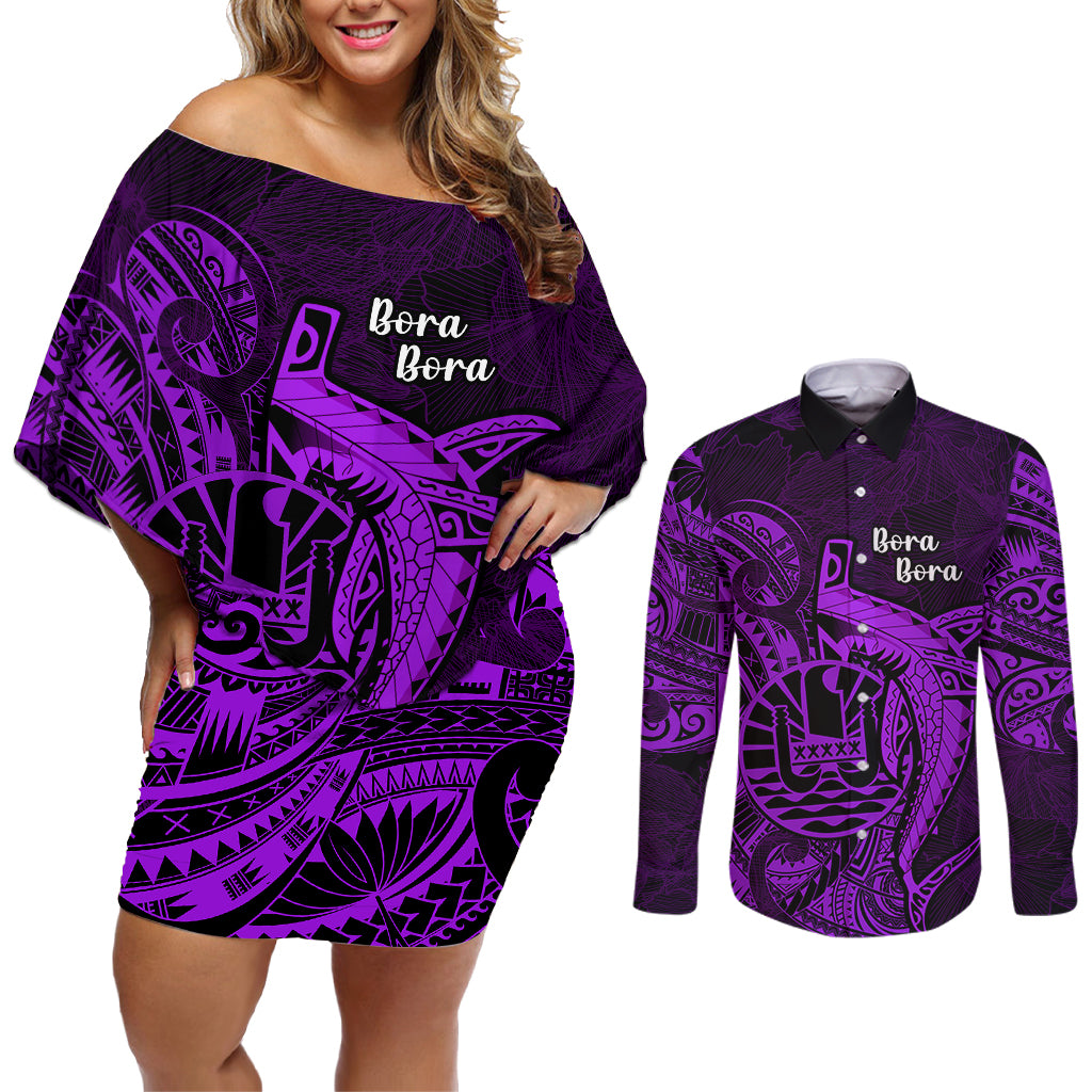 French Polynesia Bora Bora Couples Matching Off Shoulder Short Dress and Long Sleeve Button Shirts Polynesian Shark Tattoo With Hibiscus Purple Version LT14 Purple - Polynesian Pride