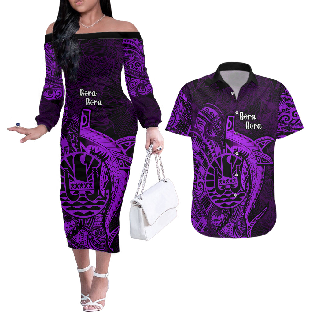 French Polynesia Bora Bora Couples Matching Off The Shoulder Long Sleeve Dress and Hawaiian Shirt Polynesian Shark Tattoo With Hibiscus Purple Version LT14 Purple - Polynesian Pride